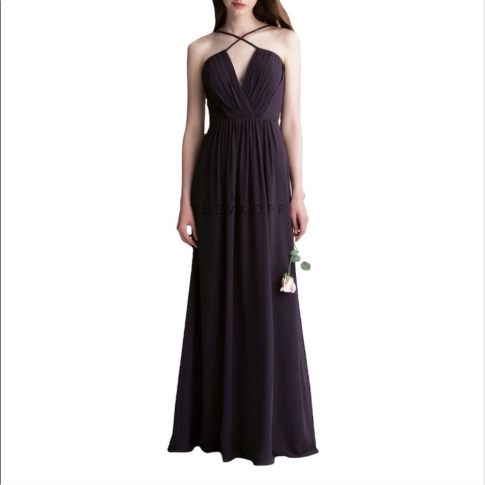 Bill Levkoff Black Long Evening Bridemaid Dress spaghetti straps shiffon size 4
